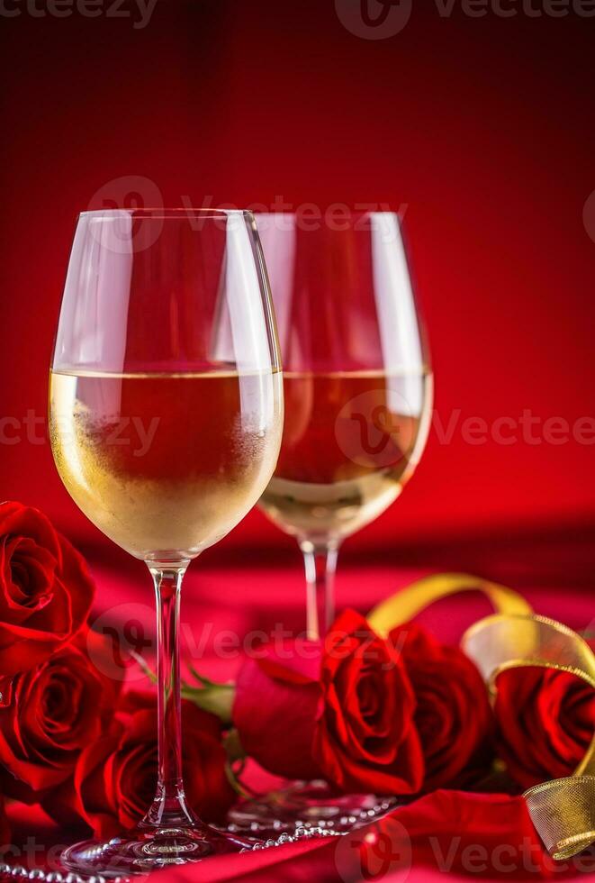 Valentines or wedding concept. Wine cups red roses and romantic setting for two in red. Greeting card for jubilee or aniversary photo