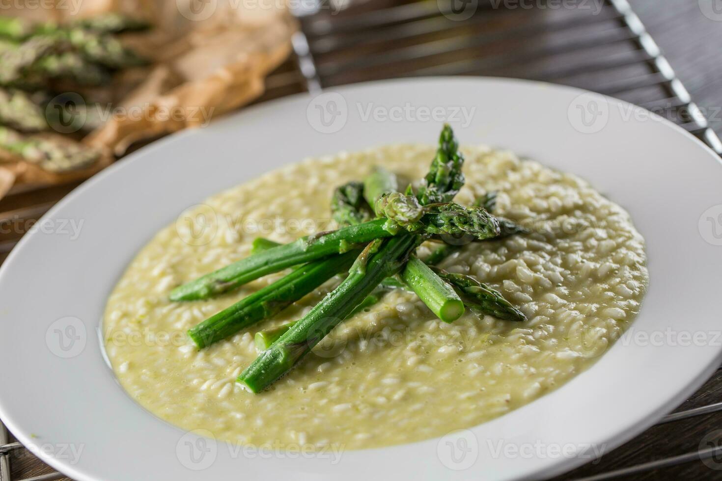 Tasty mediterranean meal risotto with asparagus photo