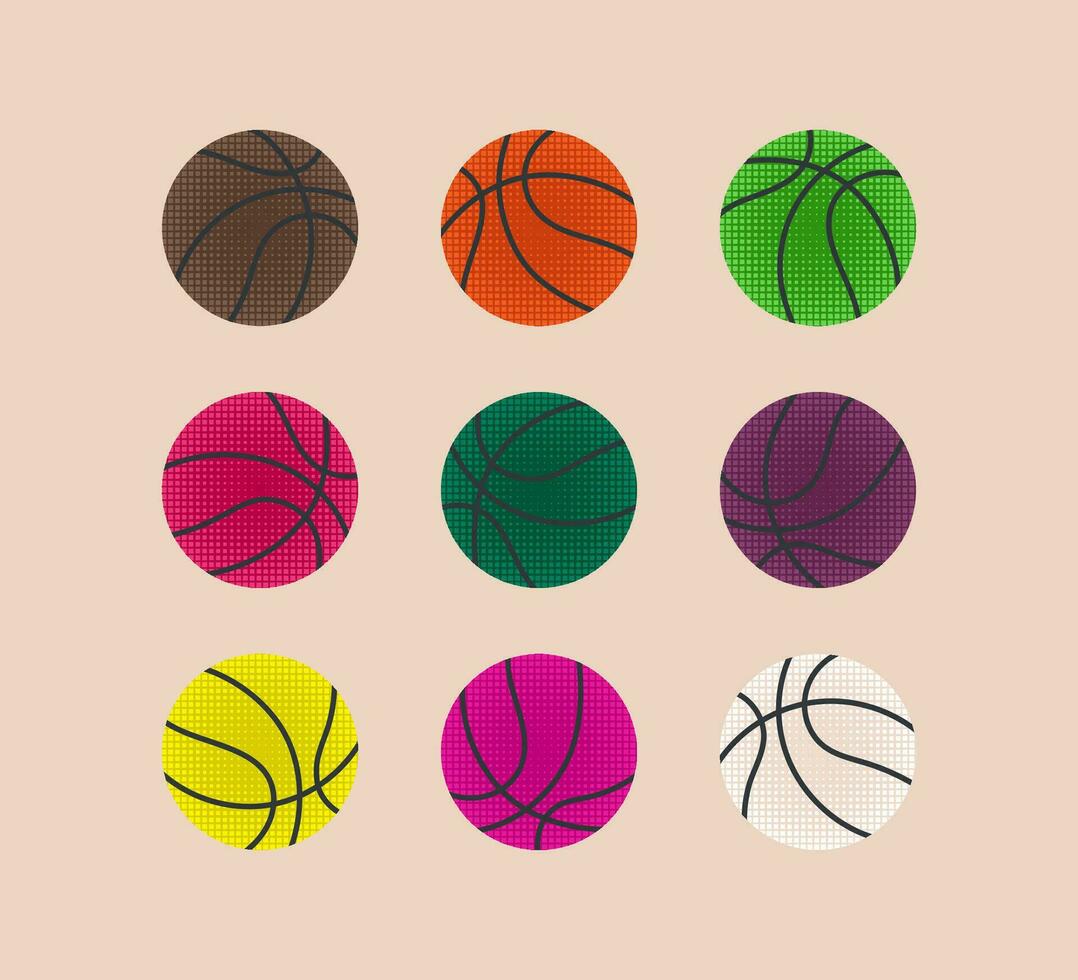 Basketball balls colorful icons with texture set. Sport, team play concept. Vector flat modern illustration isolated.