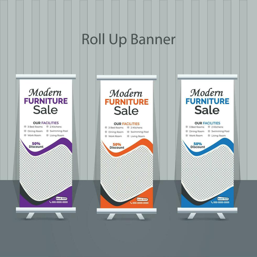 Modern furniture For Sale Roll up Banner Stand template for Real Estate Agency pull up, standee, x banner, display cover poster design template for advertising and business promotion, vector