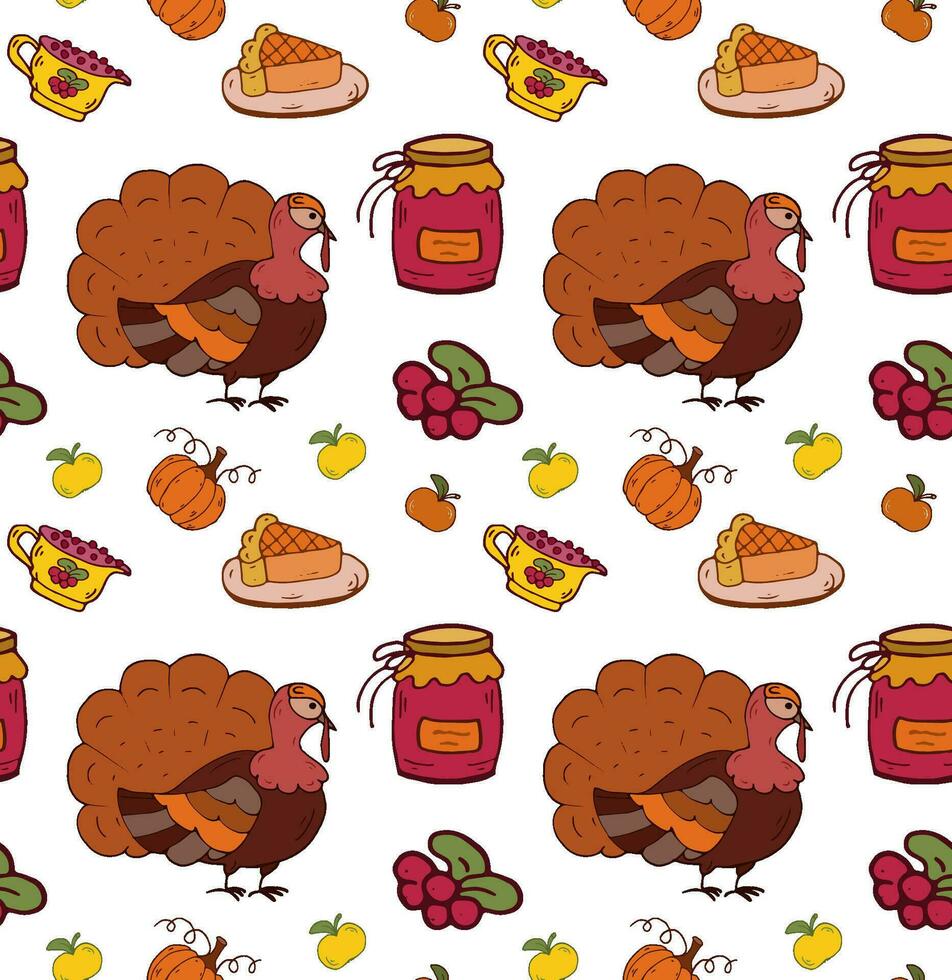 Seamless pattern with Turkey, pie, jam, pumpkin, apple, cranberries. Vector thanksgiving theme.