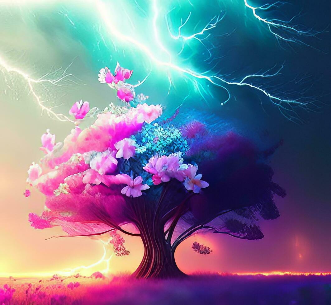 An image that combines the energy of lightning with the delicate beauty of blooming flowers. photo