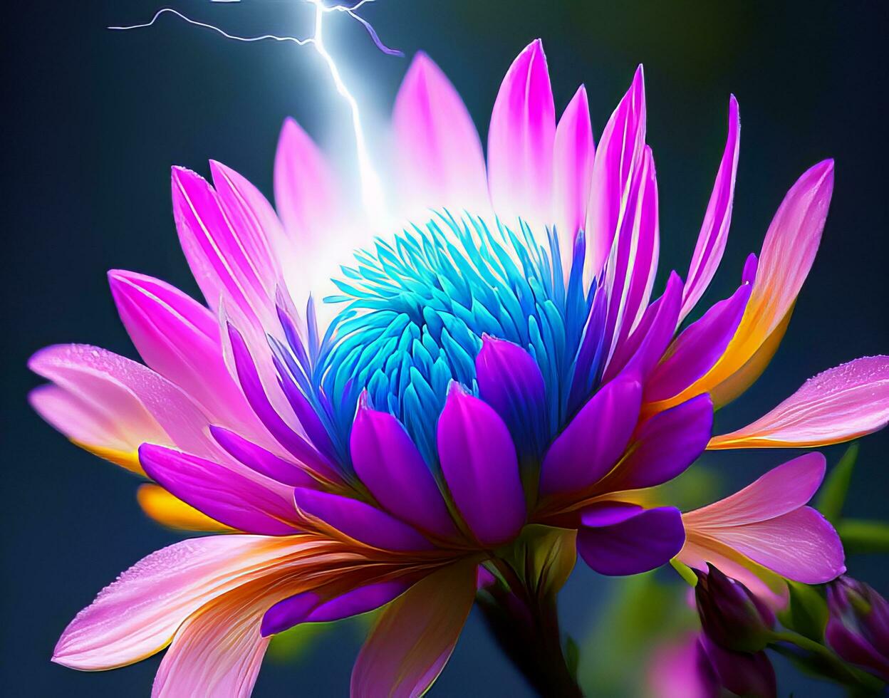 An image that combines the energy of lightning with the delicate beauty of blooming flowers. photo