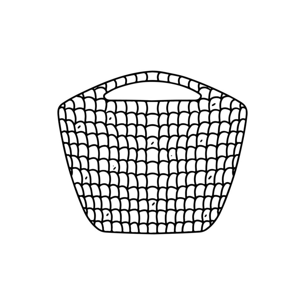 Woman rafia beach bag. Hand drawn doodle style. Vector illustration isolated on white. Coloring page.