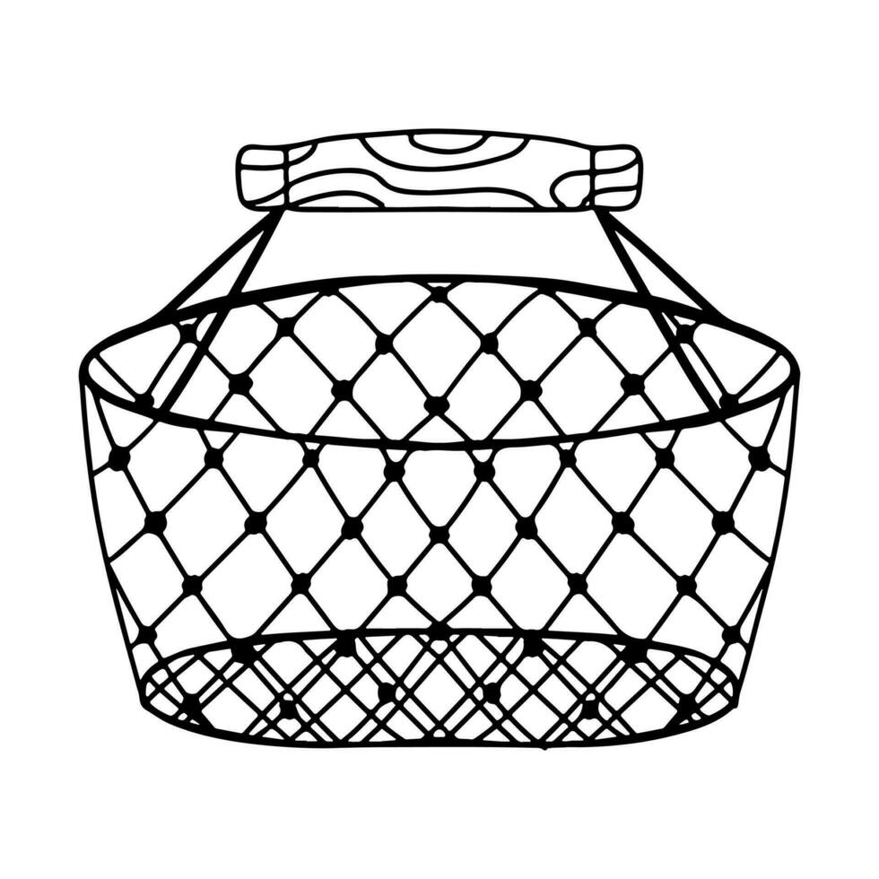 Straw wicker basket. Hand drawn doodle style. Vector illustration isolated on white. Coloring page.