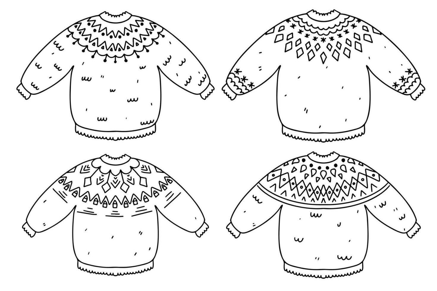 Ugly Christmas sweaters. Lopapeysa knitted jumpers. Hand drawn doodle style. Vector illustration isolated on white. Coloring page.