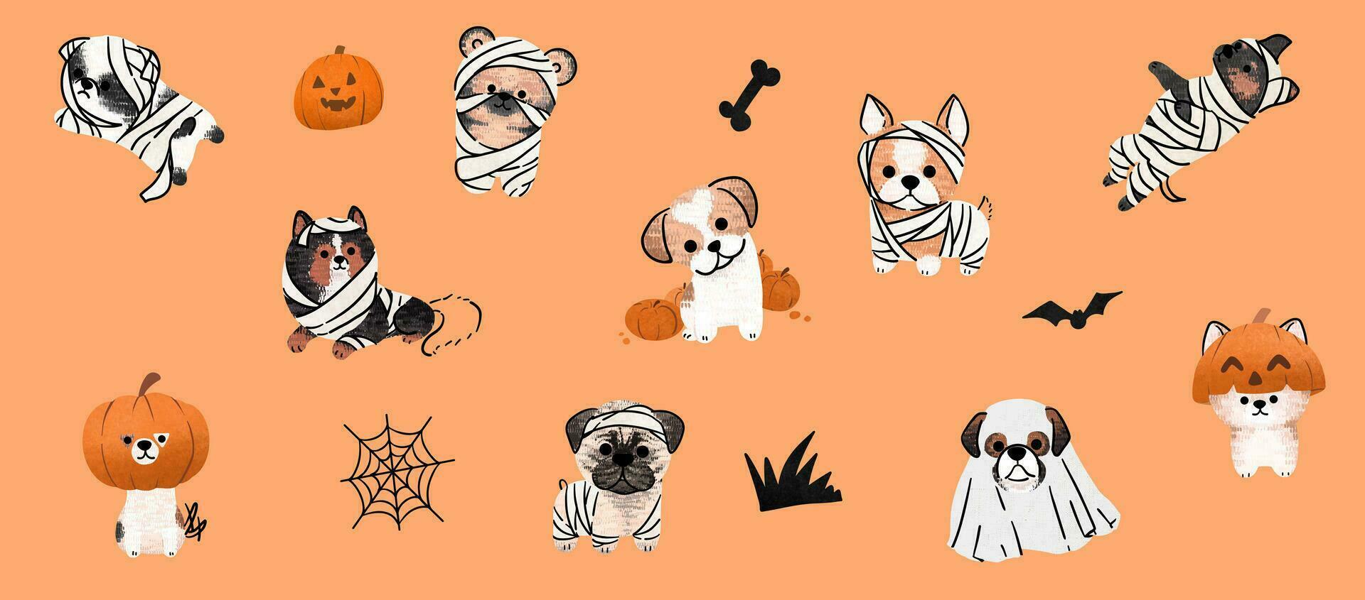 Spooky Paws' Set, Cute Halloween dogs in vector. Diverse breeds don Halloween charm. Perfect for creative projects vector