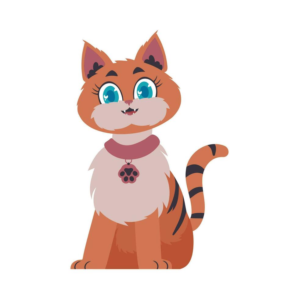 Locks in cheerful reddening cat. Smiling cat. Cartoon style, Vector Illustration