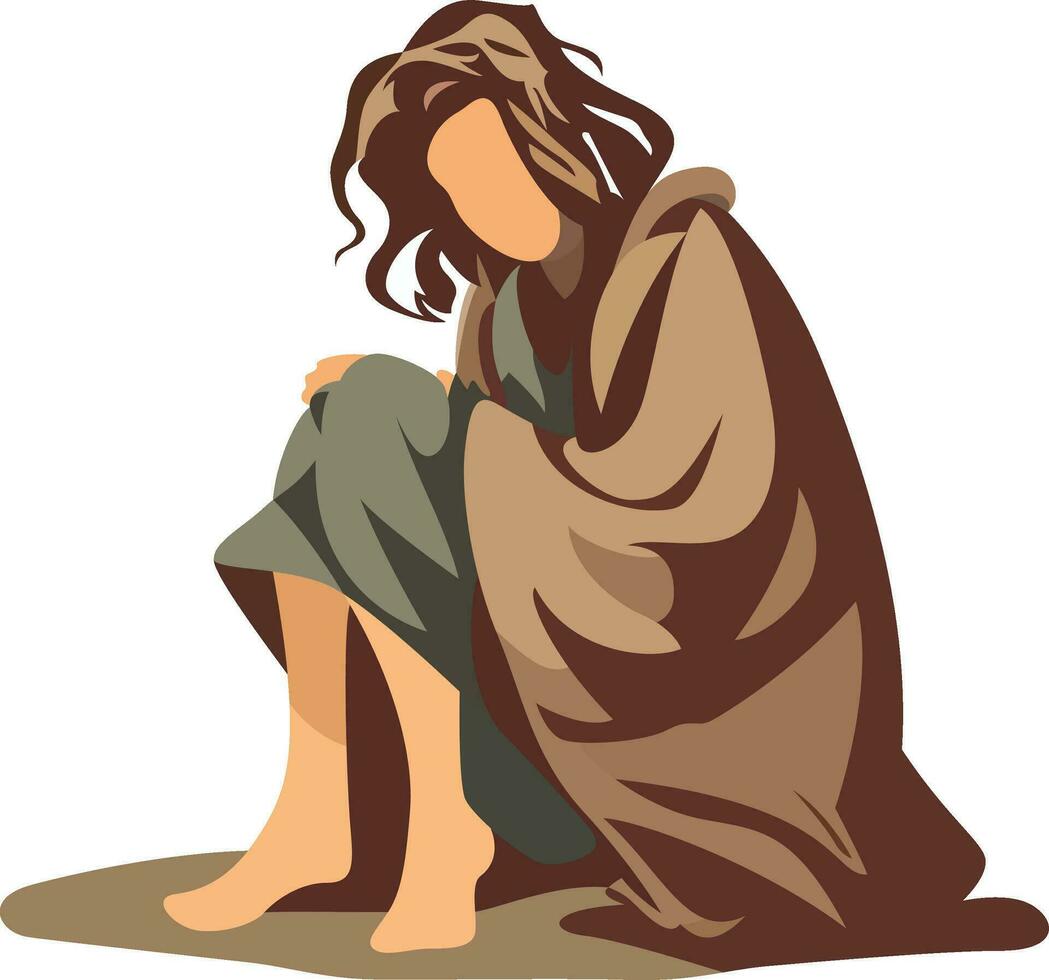 Homeless female flat style stock vector illustration, Homeless person with worn out clothes sitting on the floor stock vector image