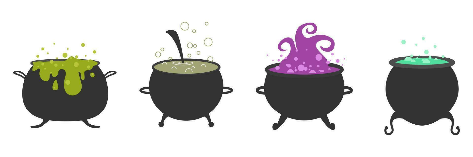 Halloween. Black vector cauldron with green witches magic broth.