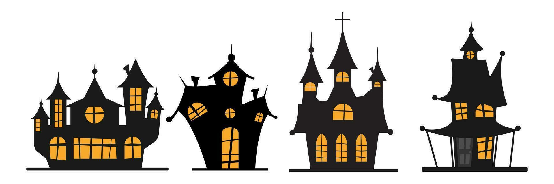 Set of halloween black castle with yellow windows. Vector illustration.