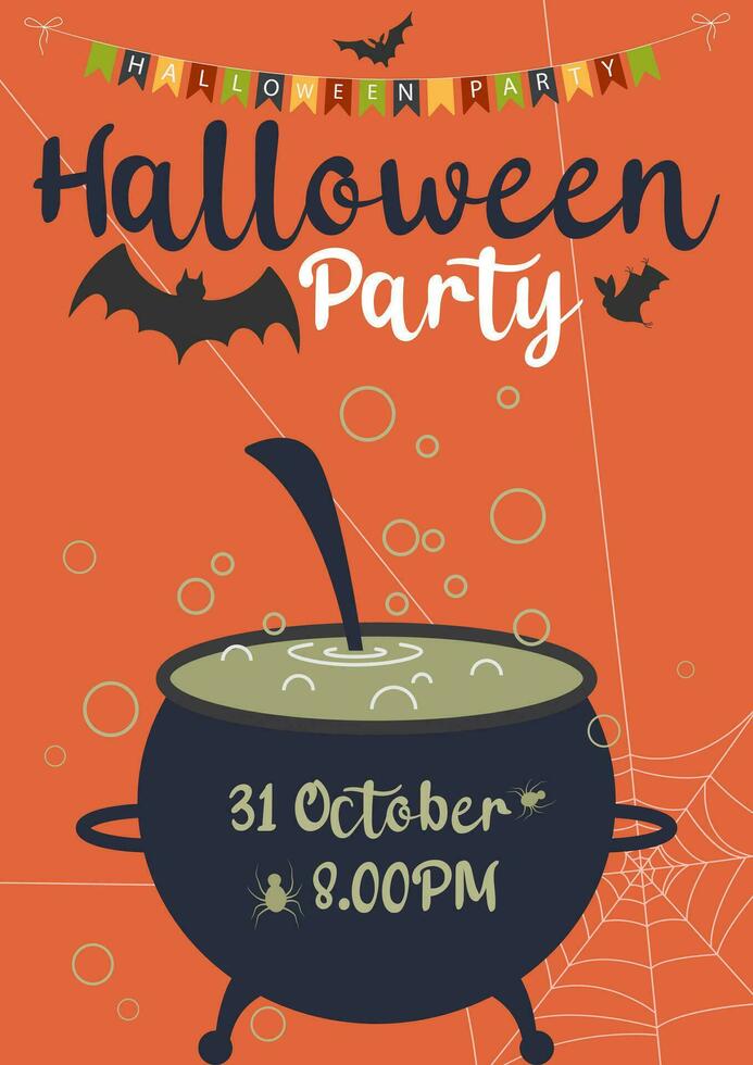 Halloween party. Vector illustration. Happy Halloween holiday. Poster or banner and web banner with witch cauldron, pot, ghost, bat, spider web scary potion on yellow background for school.