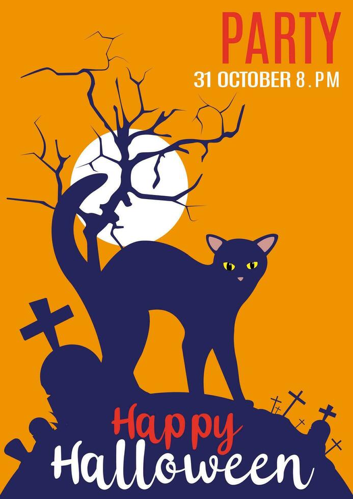 Halloween illustration with black cat on moon yellow scary background. Halloween party invitation with scary tree and grave. Happy Halloween holiday. Poster and web banner. Vector illustration.