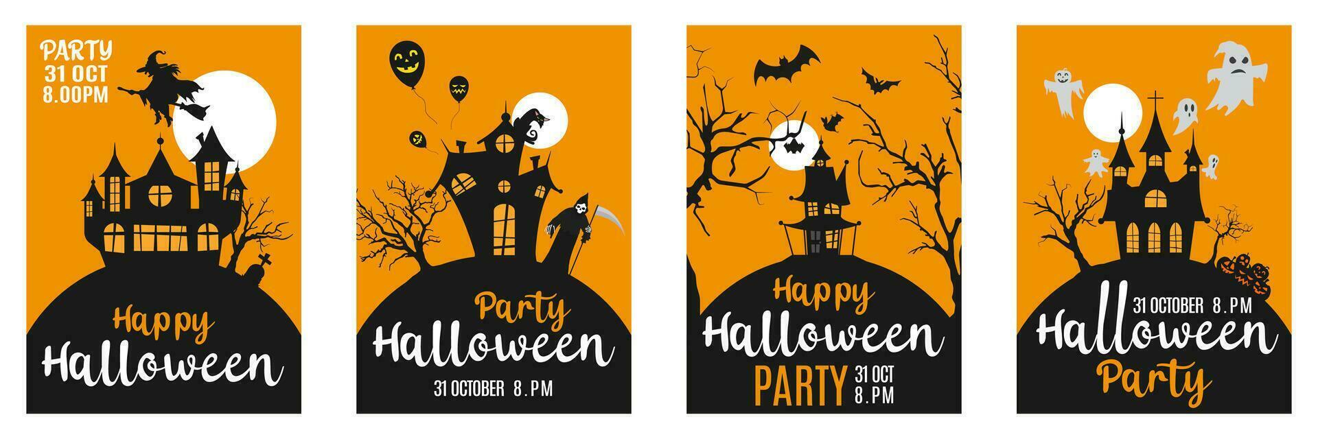 Vector set of yellow cards with castles. Happy Halloween party invitation on wood background. Holidays calligraphic inscription. Yellow background trick or treat.