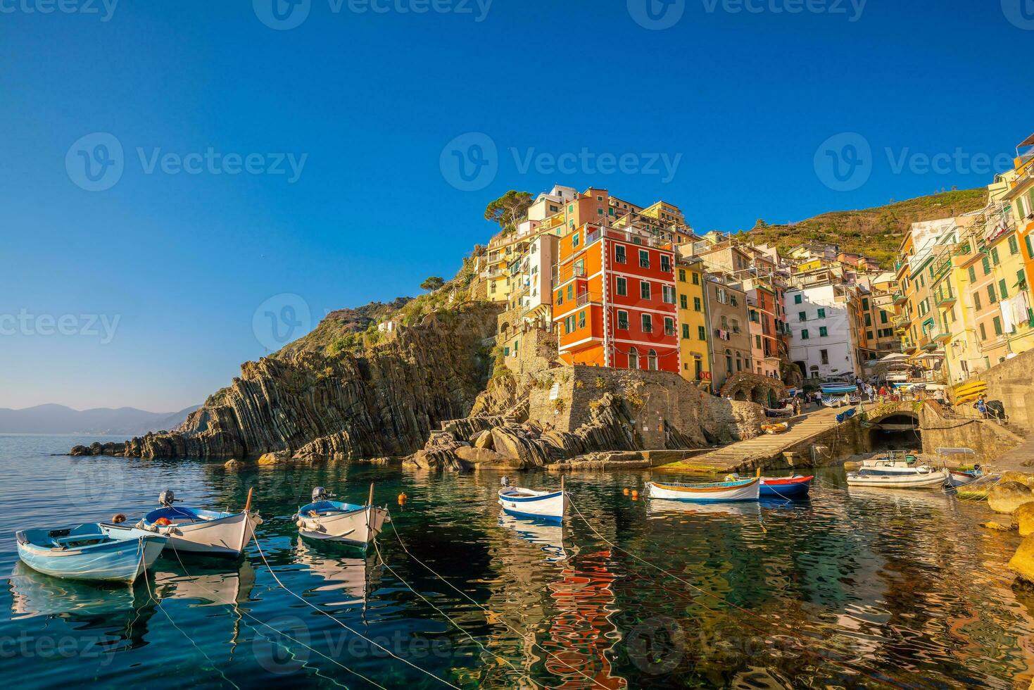 Colorful cityscape of buildings over Mediterranean sea, Europe, Cinque Terre in Italy photo