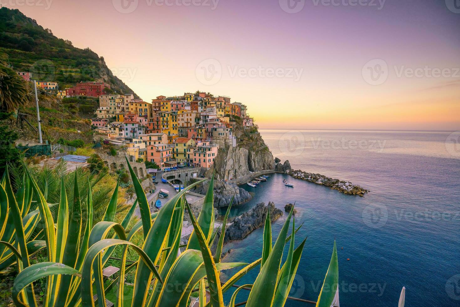 Colorful cityscape of buildings over Mediterranean sea, Europe, Cinque Terre in Italy photo
