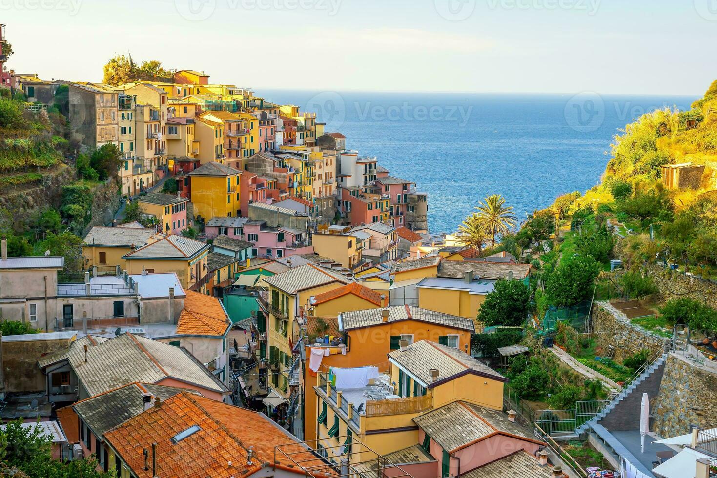 Colorful cityscape of buildings over Mediterranean sea, Europe, Cinque Terre in Italy photo