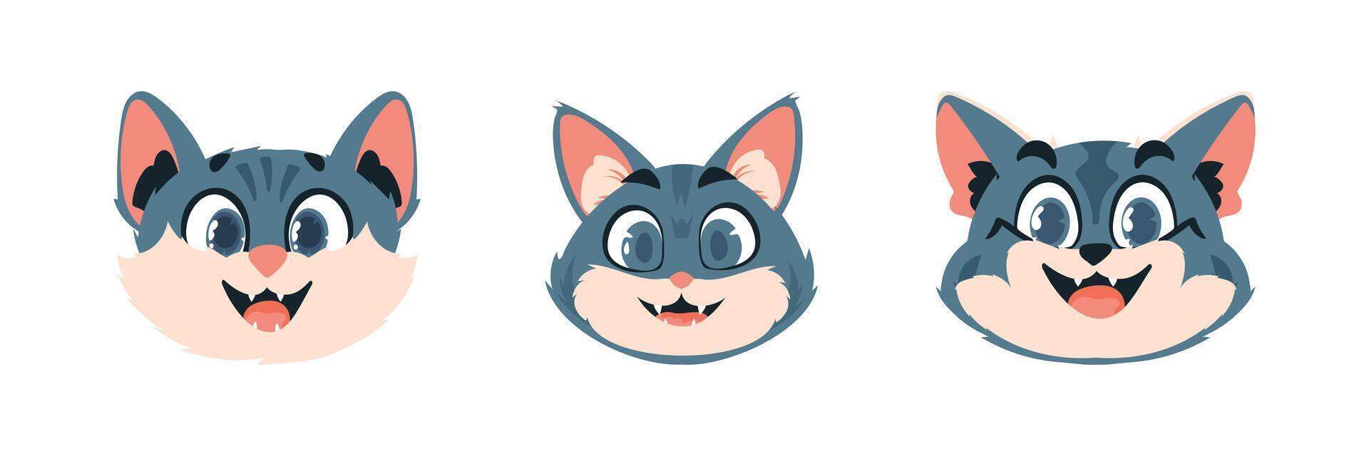 conjunto de Tres piezas Cerraduras en caras de gatos dibujos animados estilo, vector ilustración