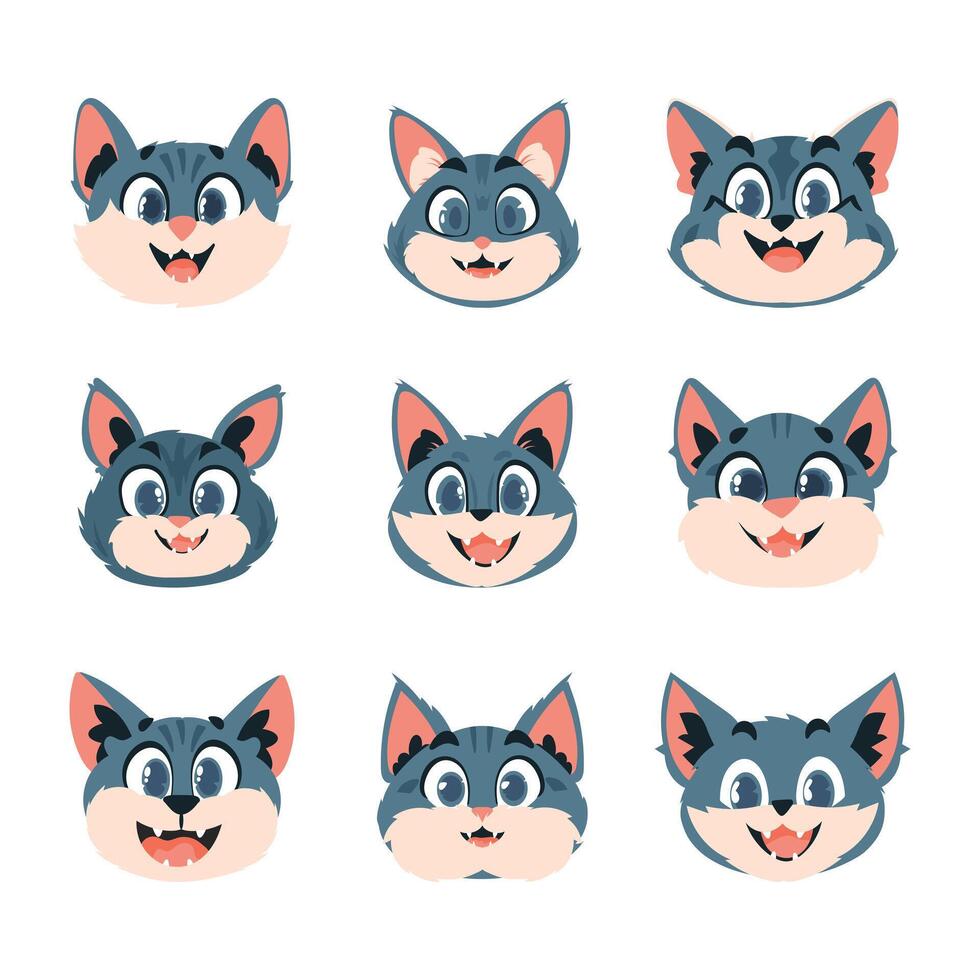 Gigantic set of intelligent faces of cats. Cartoon style, Vector Illustration