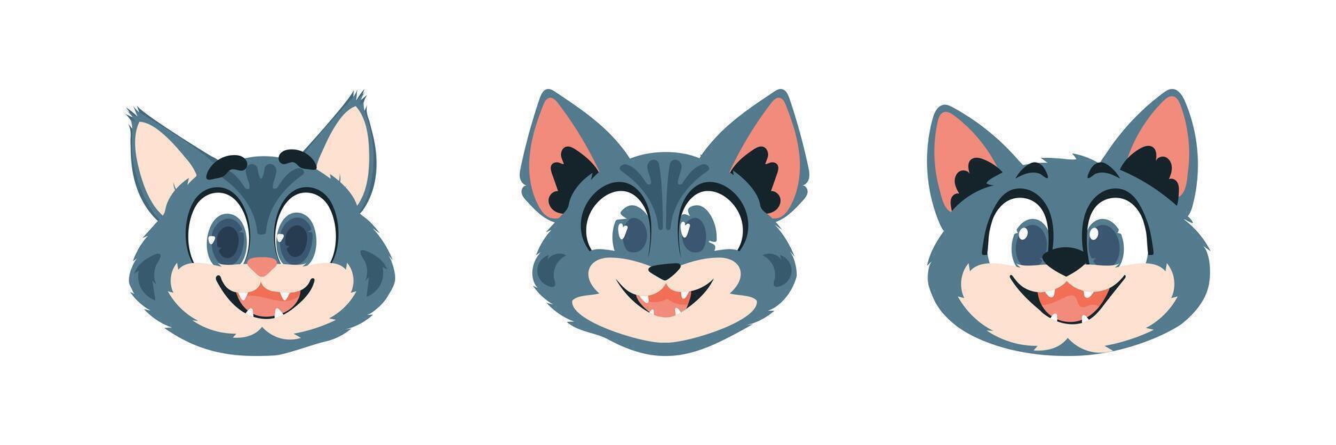 conjunto de Tres piezas Cerraduras en caras de gatos dibujos animados estilo, vector ilustración