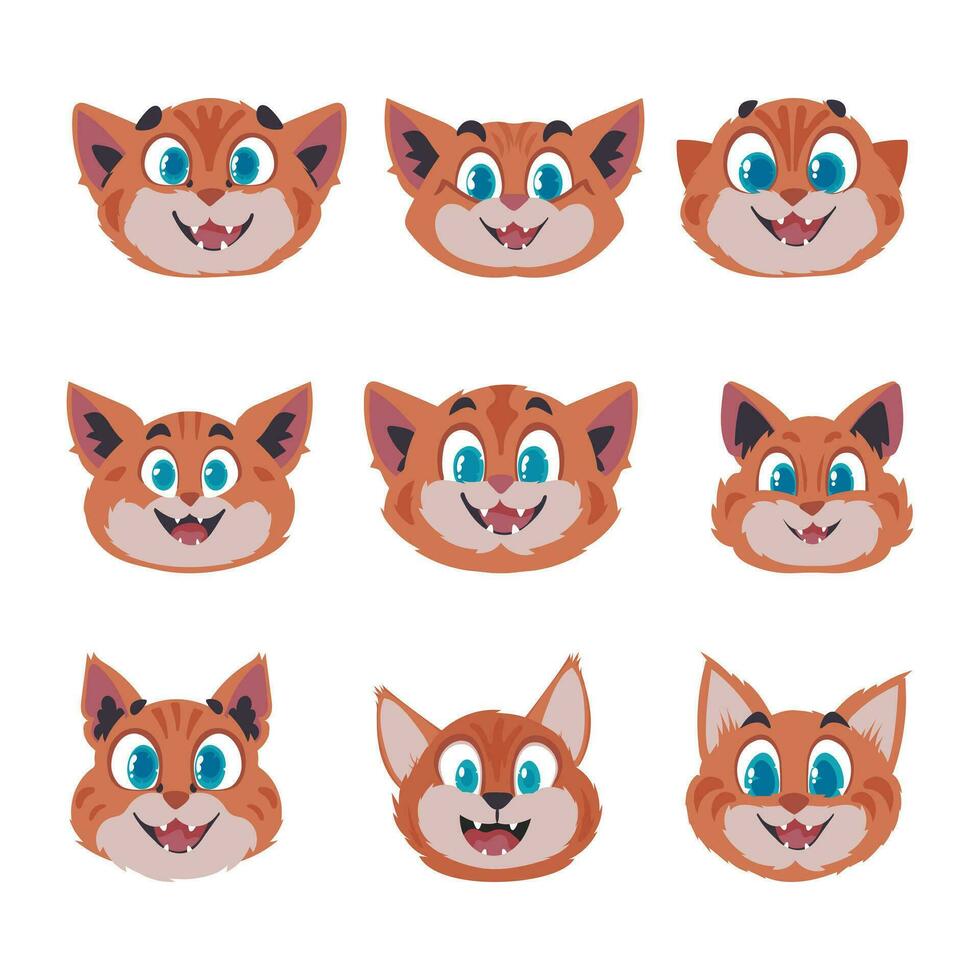 Huge set of brilliantly faces of cats. Cartoon style, Vector Illustration