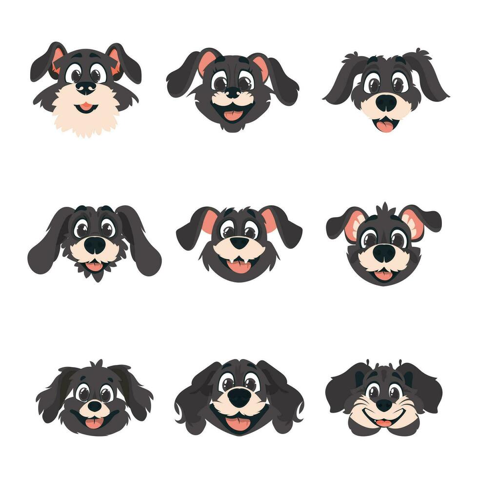 Enormous set of clever faces of mutts. Cartoon style, Vector Illustration