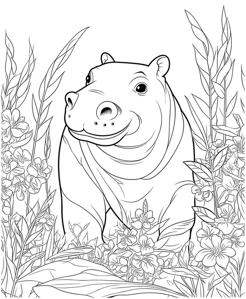 Hippopotamus coloring page line art vector