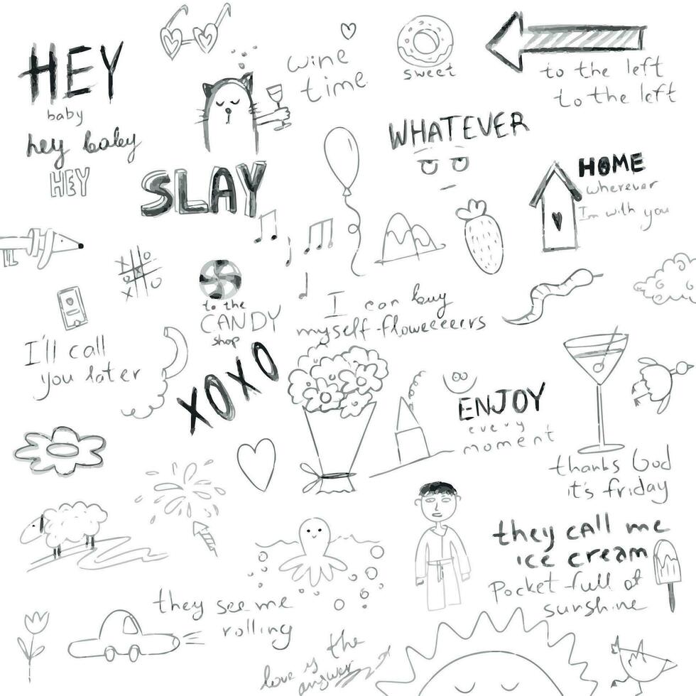 Cool scribble background. doodle style words of famous songs.xoxo vector