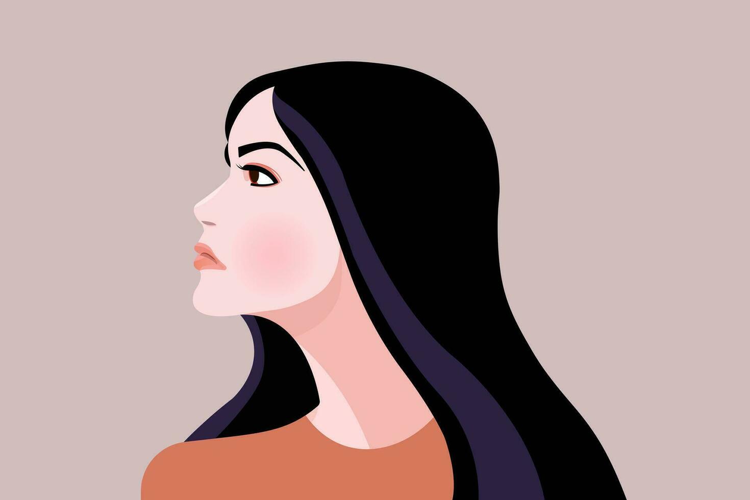 Close-up portrait of a elegant lady with black long hair. Beautiful woman side view vector