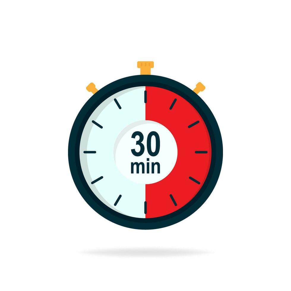 30 minutes timer. Stopwatch symbol in flat style. Editable isolated vector illustration.