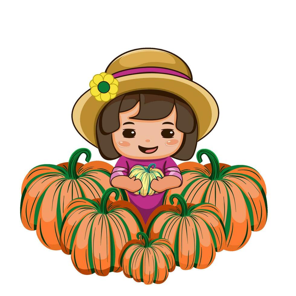 Little girl in the hat with pumpkins vector