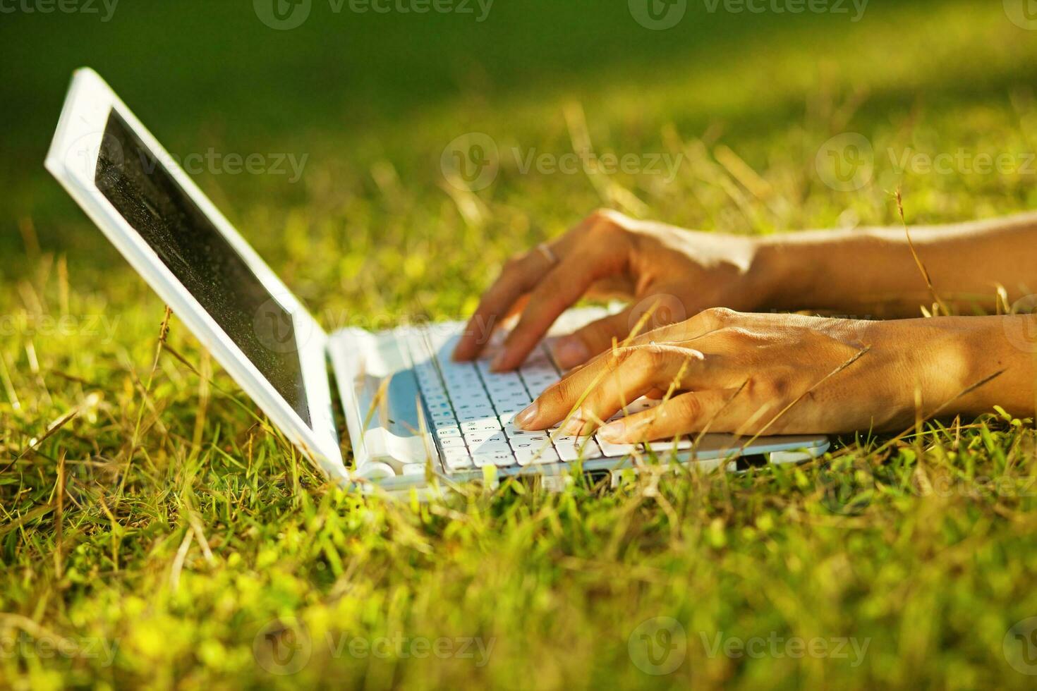 a person typing on a laptop in the grass photo