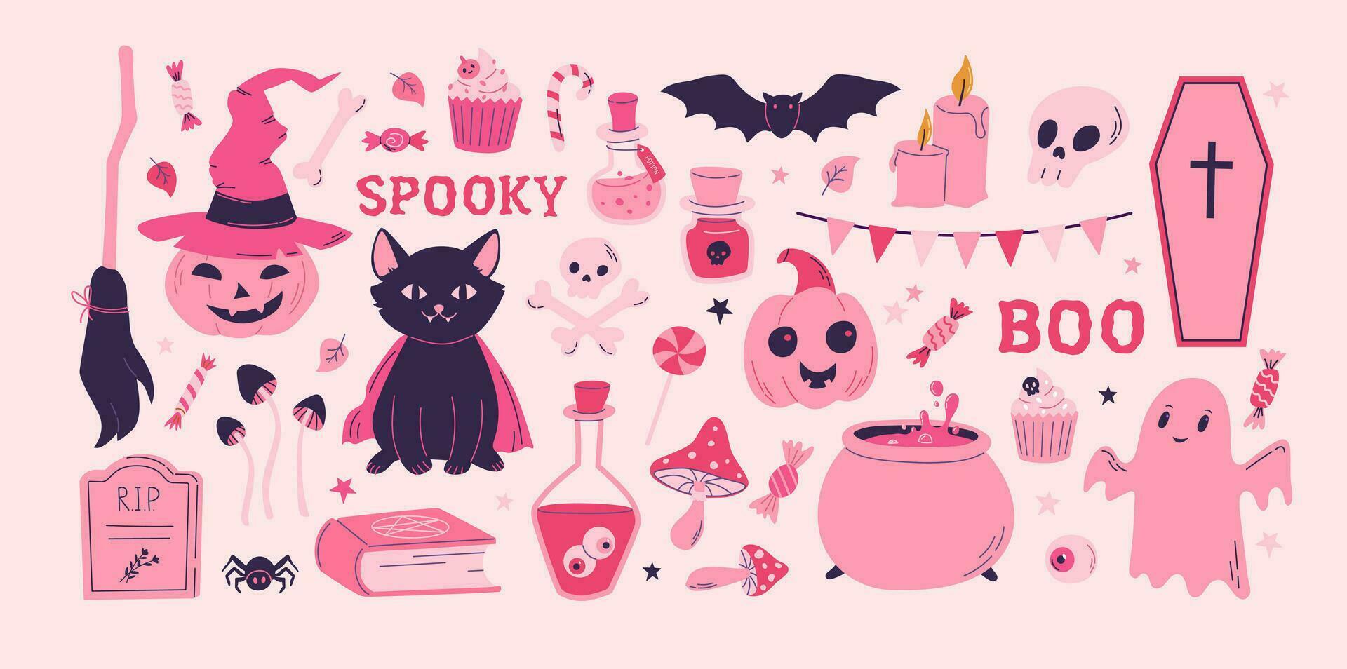 Cartoon pink Halloween vector set. Pumpkin, spirit, cat, bat, grave, candy decoration clipart. Barbiecore, pinkcore style