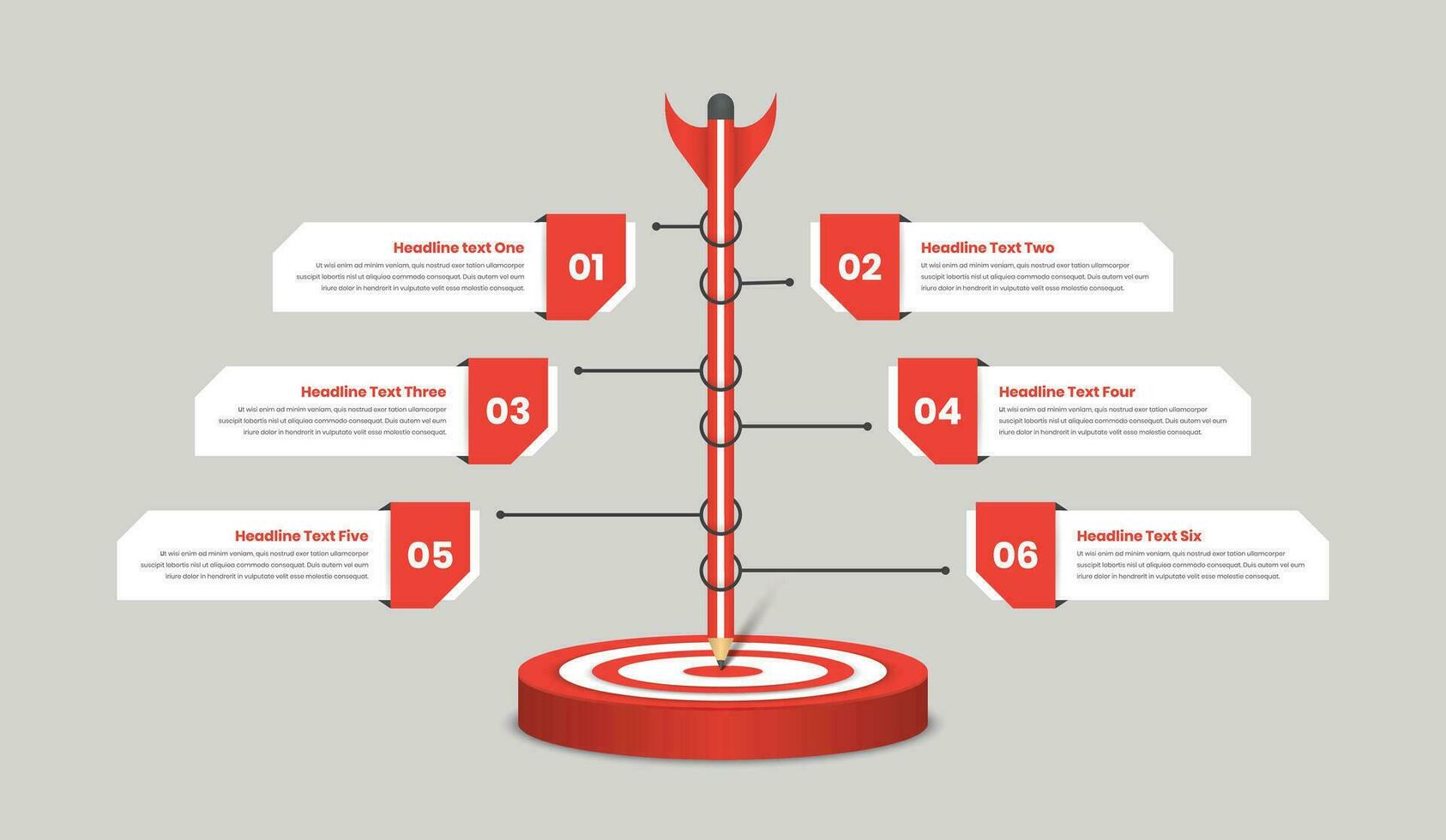 Six steps infographic template with a standing pencil on a circular target center vector