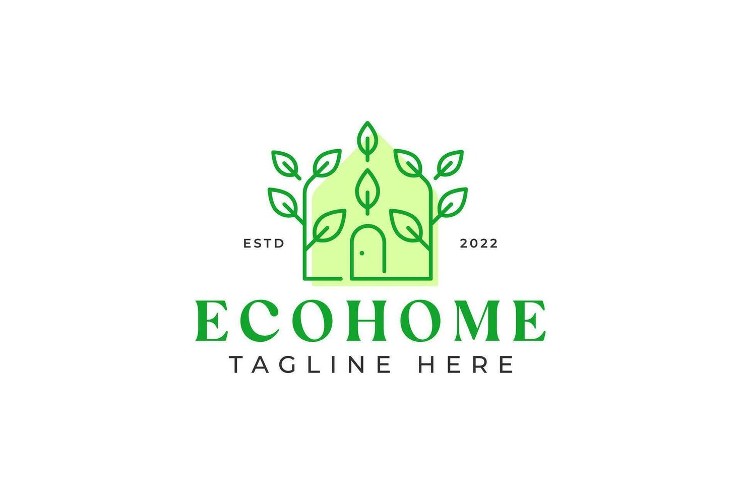 eco hogar cabaña pueblo logo con verde hoja y puerta forma para negocio ambiente propiedad sano vida estilo concepto. vector