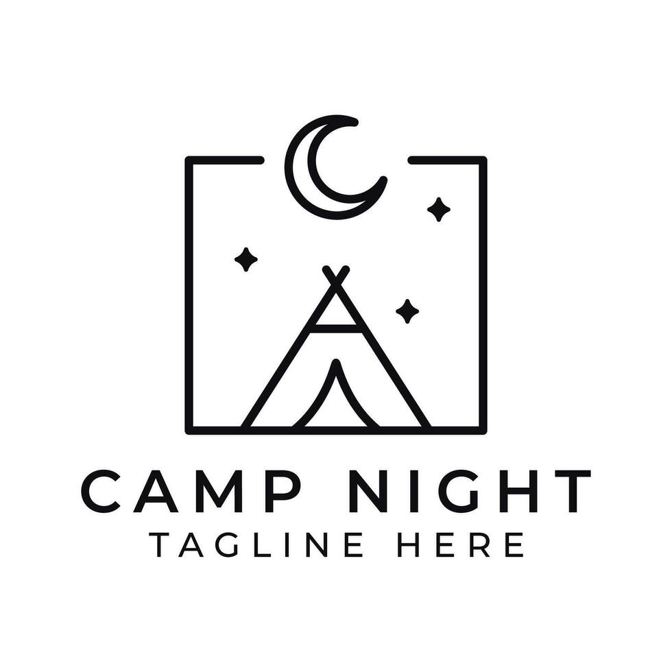 logo Insignia sencillo línea ilustración de acampar noche escena para negocio al aire libre y vacaciones. vector