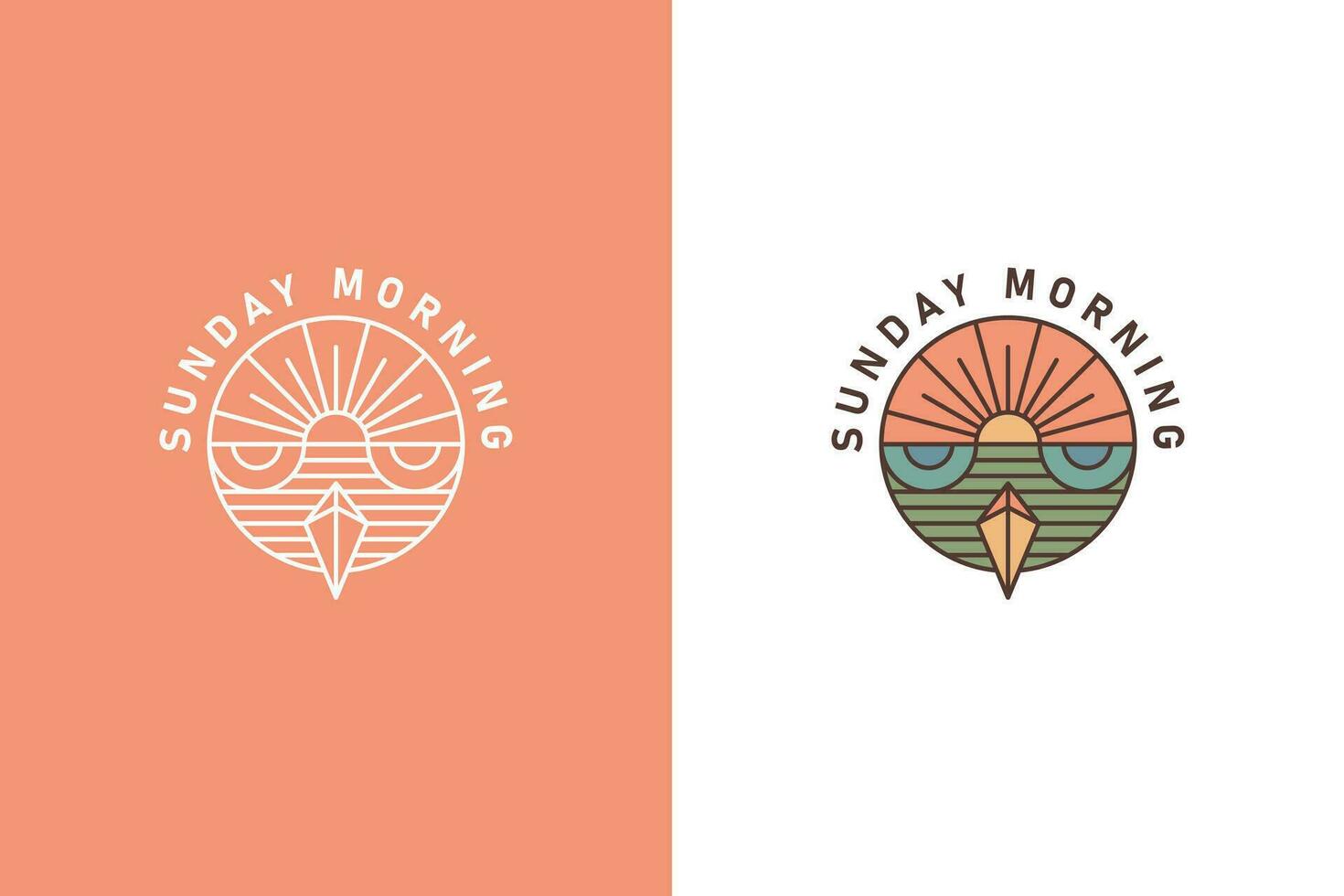 Illustration Abstract of Sunrise and Owl Logo Concept on Circle Shape. Vintage Creative Branding Design Sunday Morning. vector