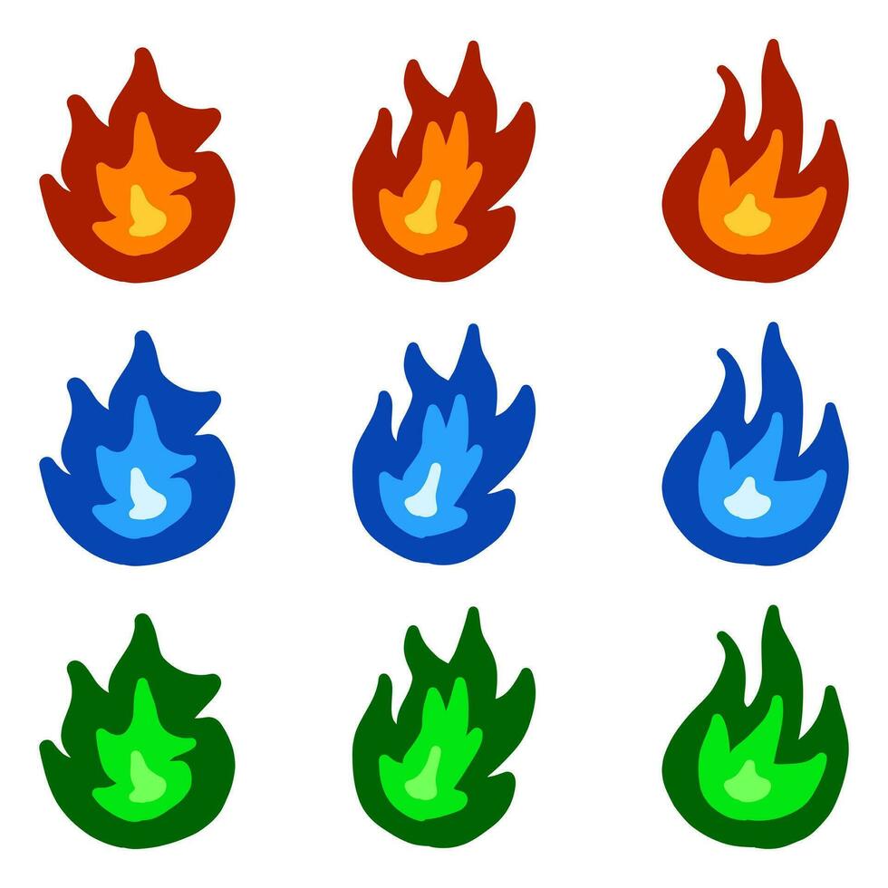 Fire flame set isolated. Icons. Flat style vector illustration. Flame, fire, torch, campfire. Cute cartoon design. Orange and yellow colors. Realistic template. Set of red and orange fire flame.