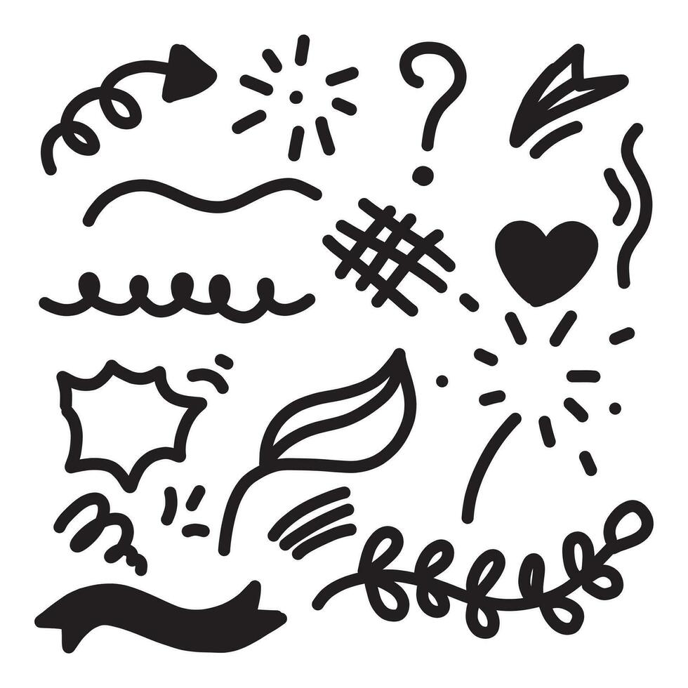 Hand drawn doodle design elements, black on white background. Swishes, swoops, emphasis, Arrow, crown, brush stroke vector