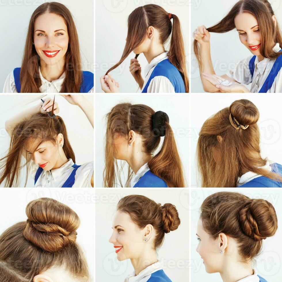 a collage of pictures showing how to do a bun photo