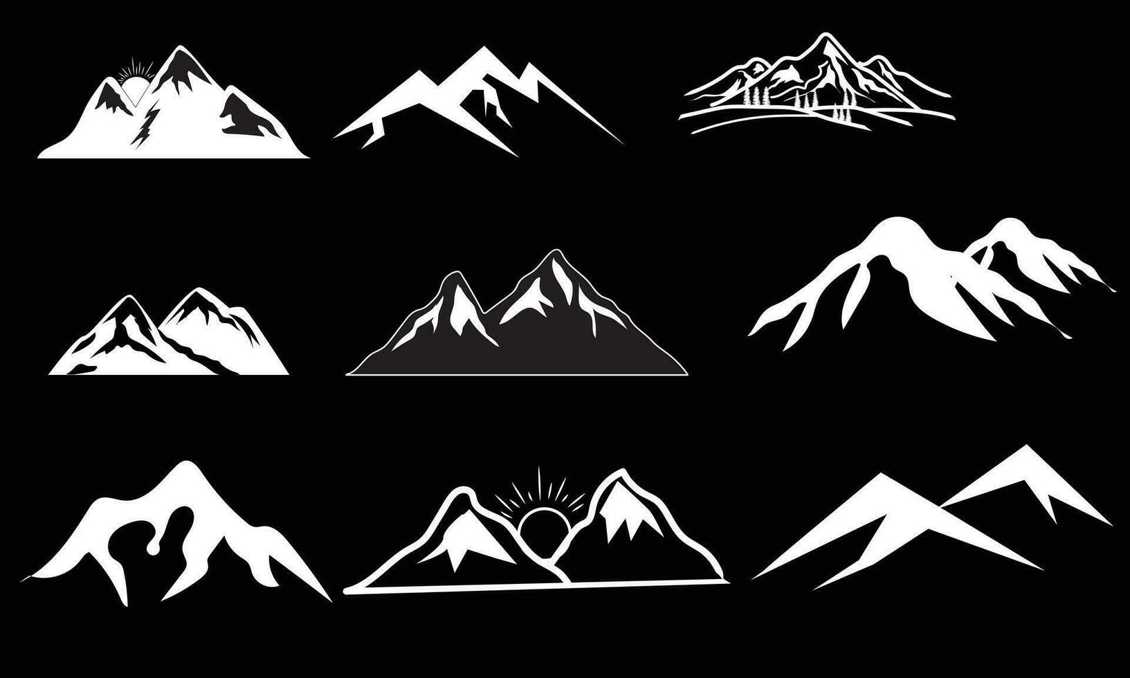 montaña vector, icono, conjunto de rocoso montaña silueta. haz diseño vectorial un ilustrador vector de montaña silueta clipart conjunto