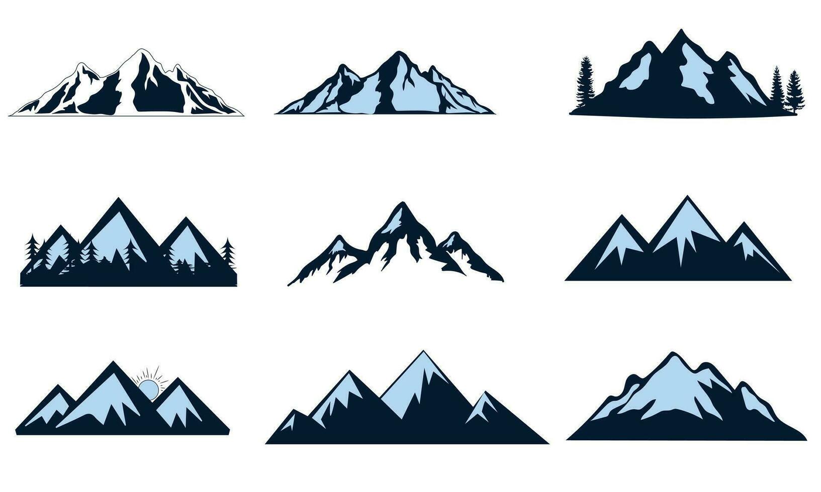 montaña vector, icono, conjunto de rocoso montaña silueta. haz diseño vectorial un ilustrador vector de montaña silueta clipart conjunto