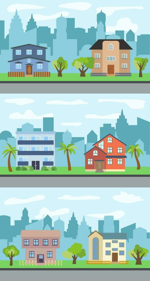Set of three vector illustrations of city street with cartoon houses and trees. Summer urban landscape. Street view with cityscape on a background