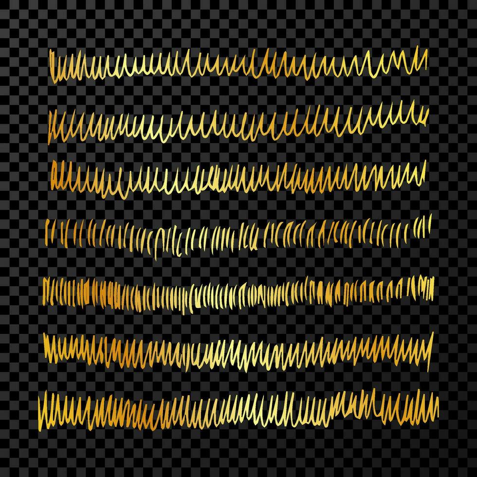 Set of doodle style various wavy lines and strokes. Gold hand drawn design elements on dark vector