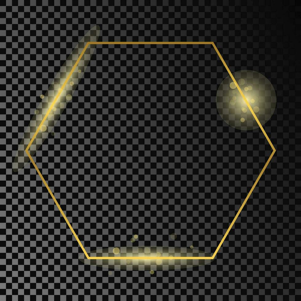 Gold glowing hexagon frame isolated on dark vector