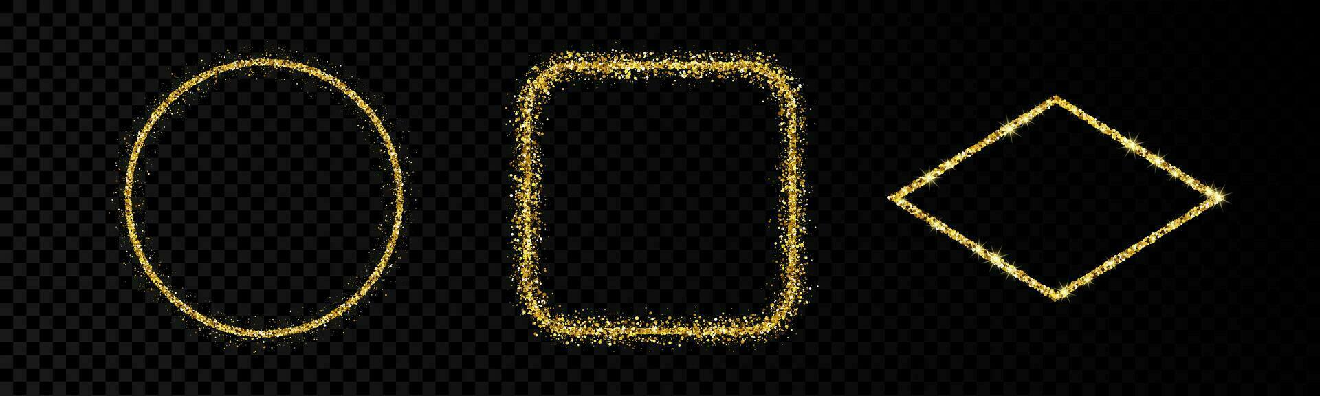 Shiny frames with glowing effects. Set of three glitter gold circular, rounded square and rhombus frames vector