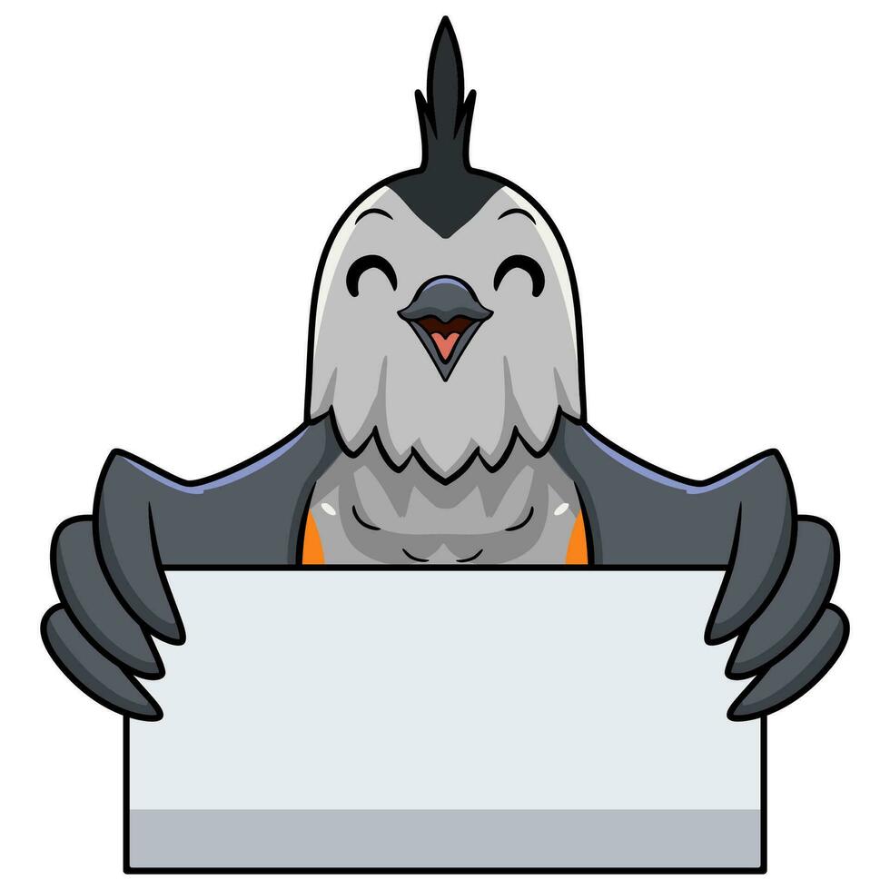 Cute black crested titmouse cartoon holding blank sign vector