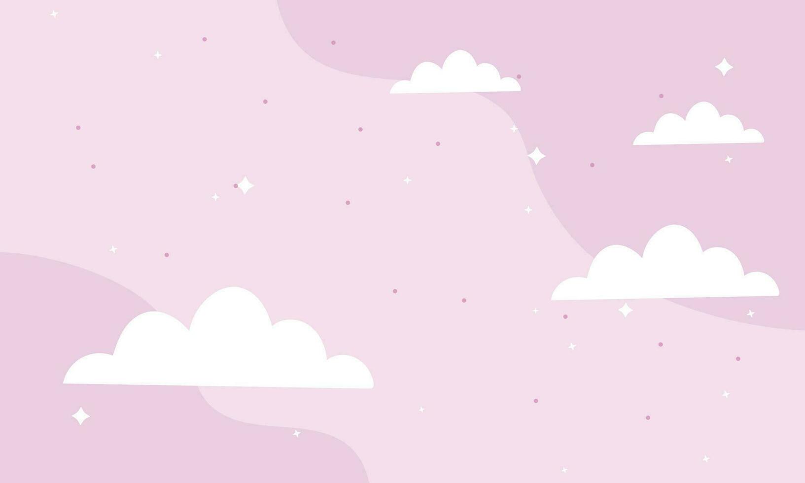 Vector pink fairytale sky background with stars. white and pastel color clouds for imaginary world