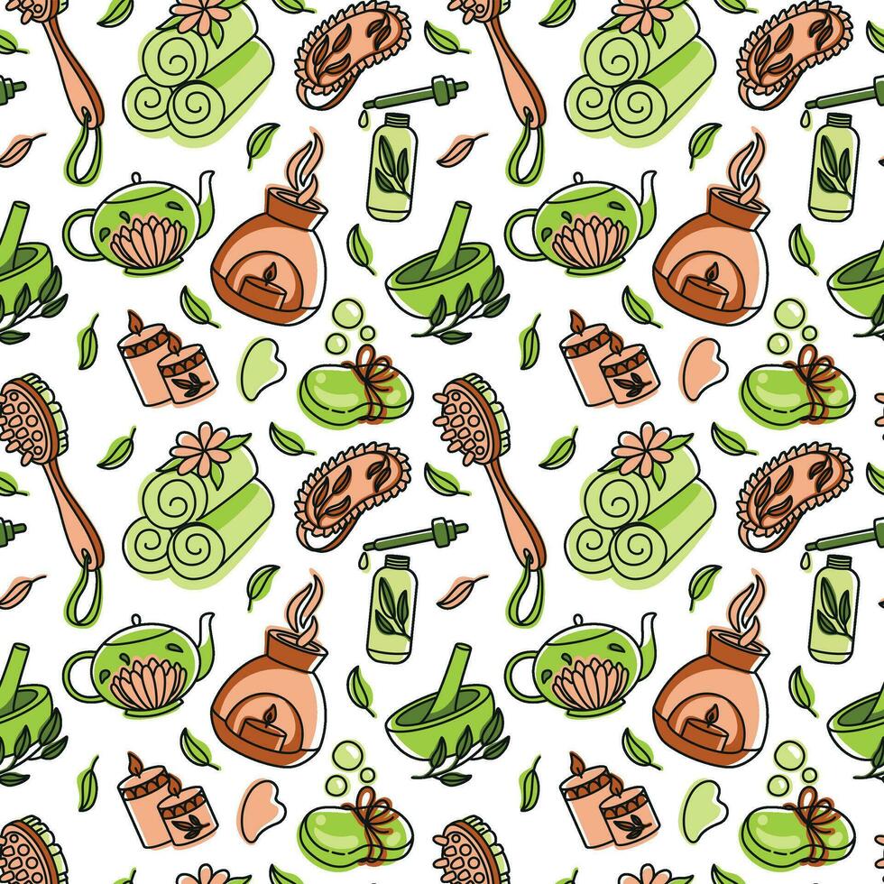 Body massage, aromatherapy, spa. Relaxation.Seamless pattern with spa attributes. vector
