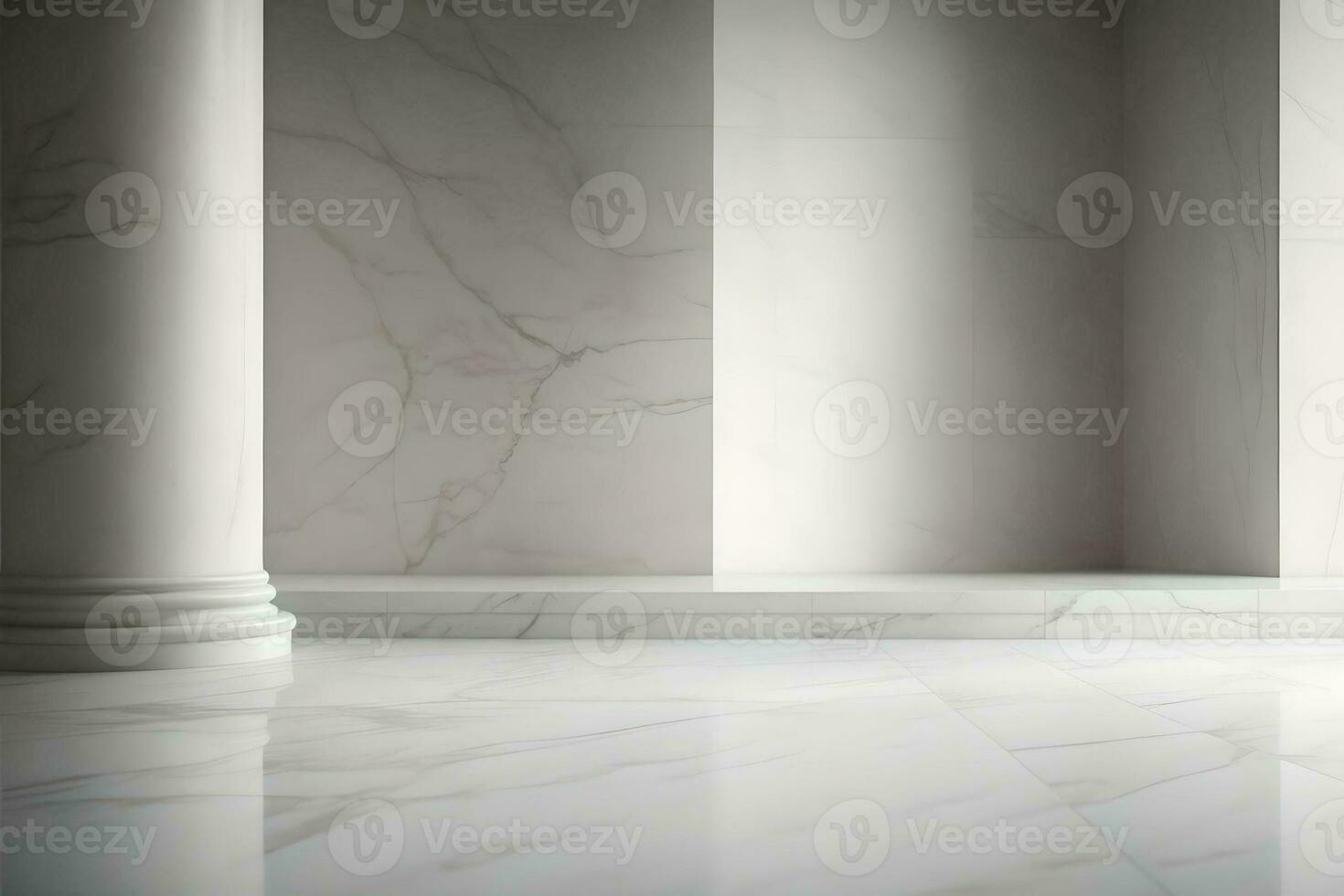 White marble wall with columns and marble floor. AI Generated. photo